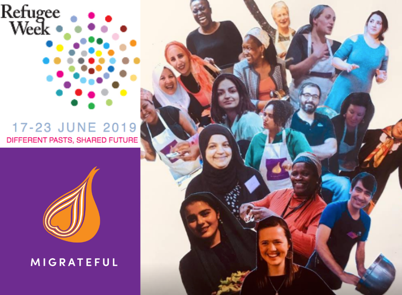 A group of people in front of a poster with the words refugee week, participating in London Cookery Class organized by Migrateful.