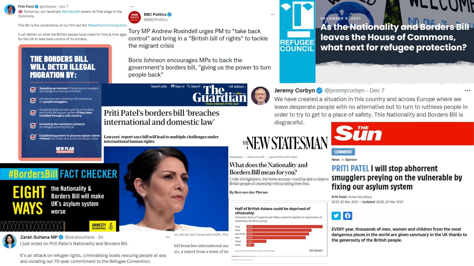 A Migrateful London cookery class with a woman and a man, featured in a collage of news headlines.