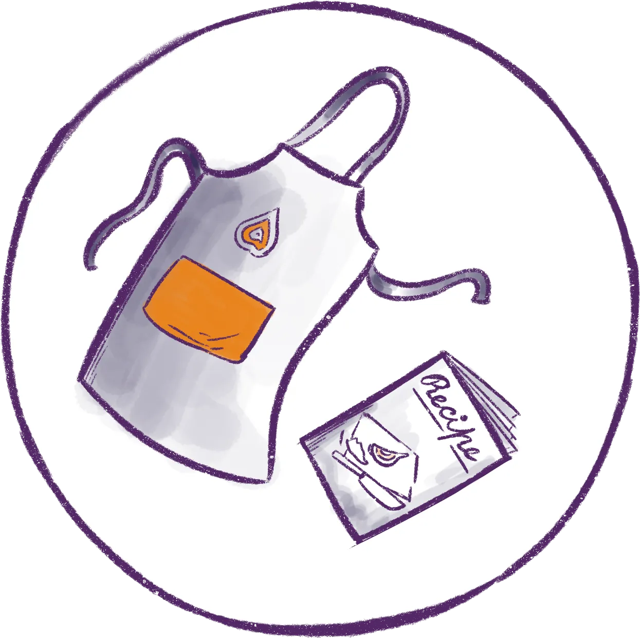 An illustration of an apron and a book, representing the vibrant culinary experience at Migrateful's London Cookery Class.