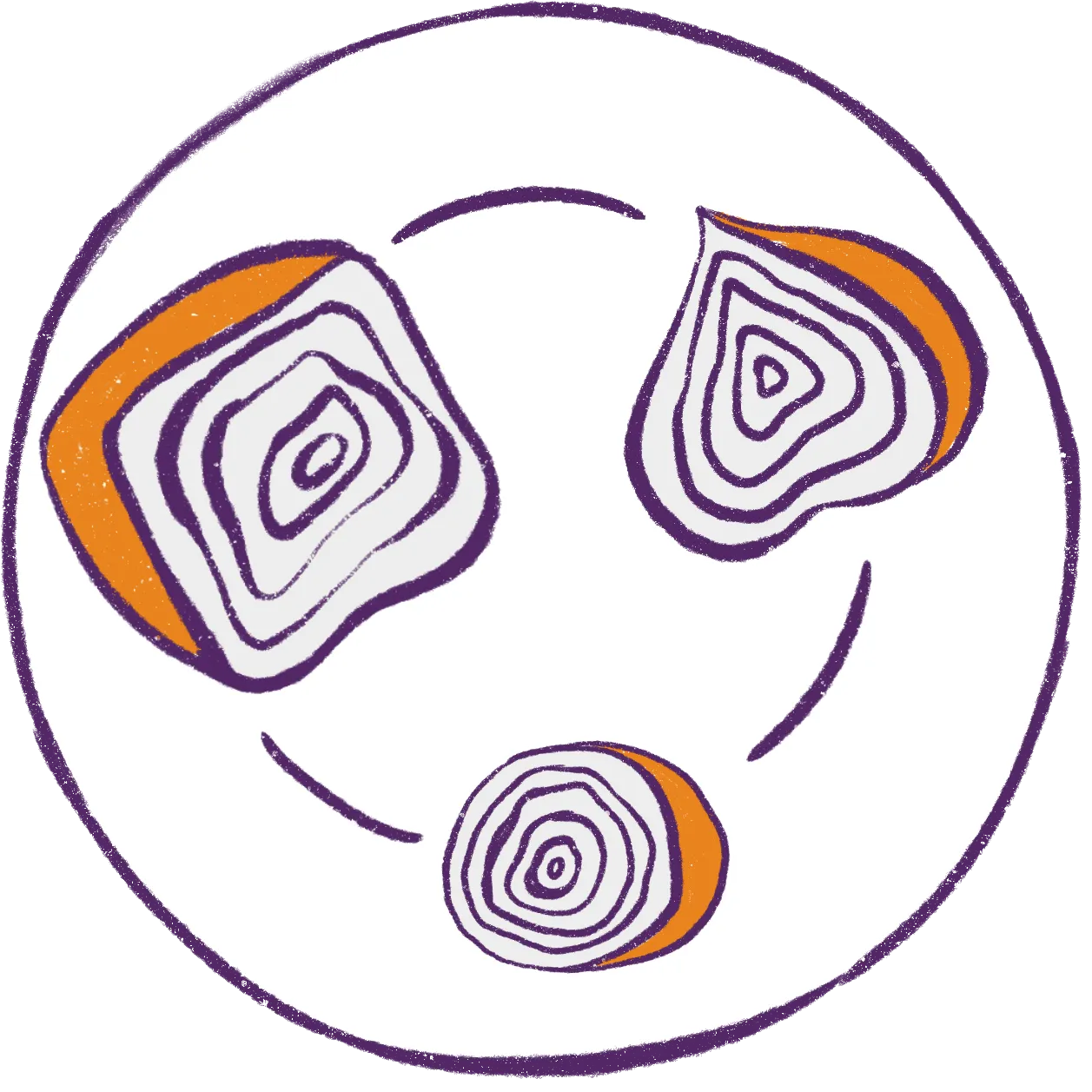 A circle adorned with three vibrant orange and purple circles, showcasing the Migrateful London Cookery Class.