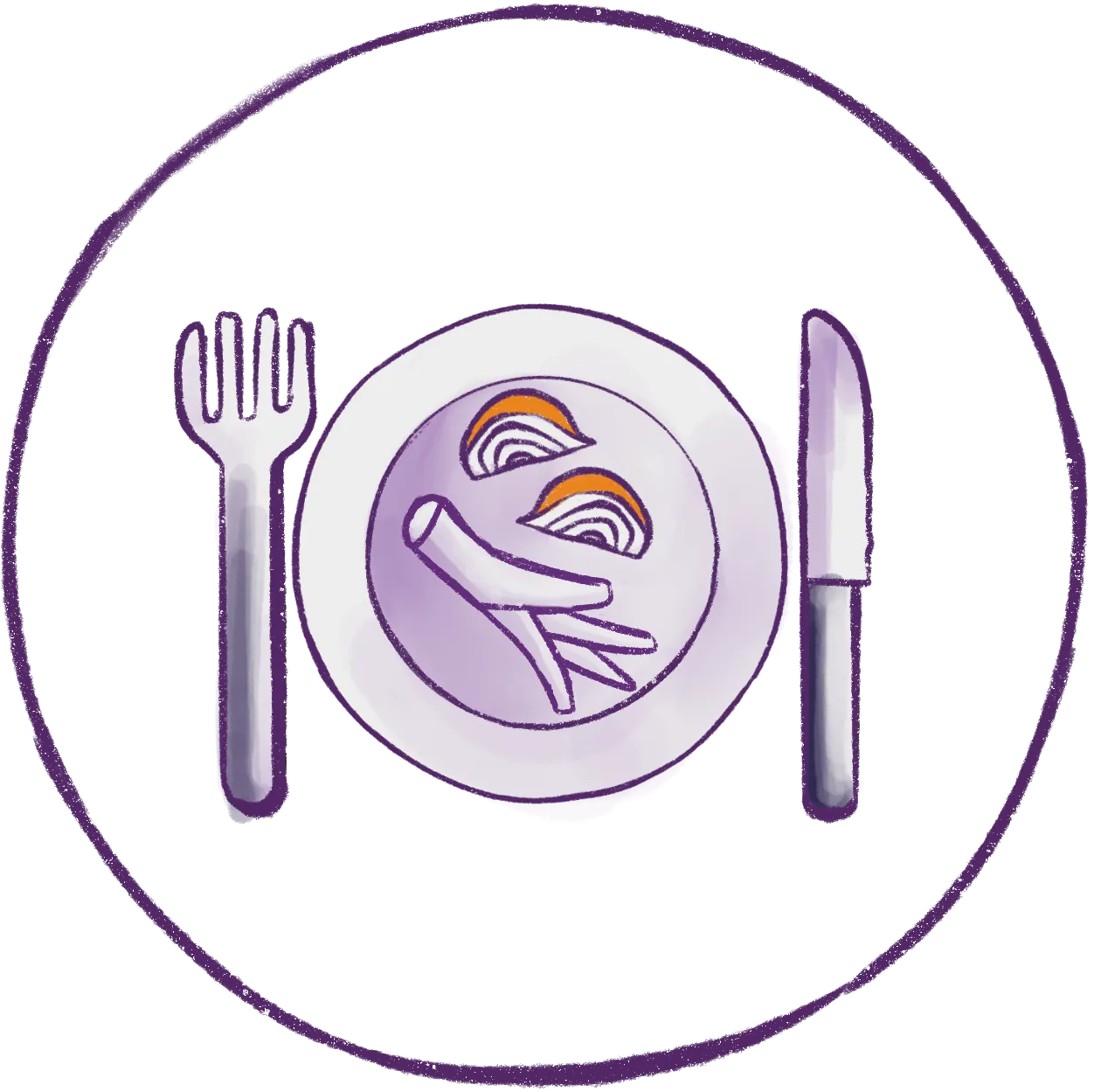 A purple plate with a fork and knife on it, featured in a London Cookery Class offered by Migrateful.
