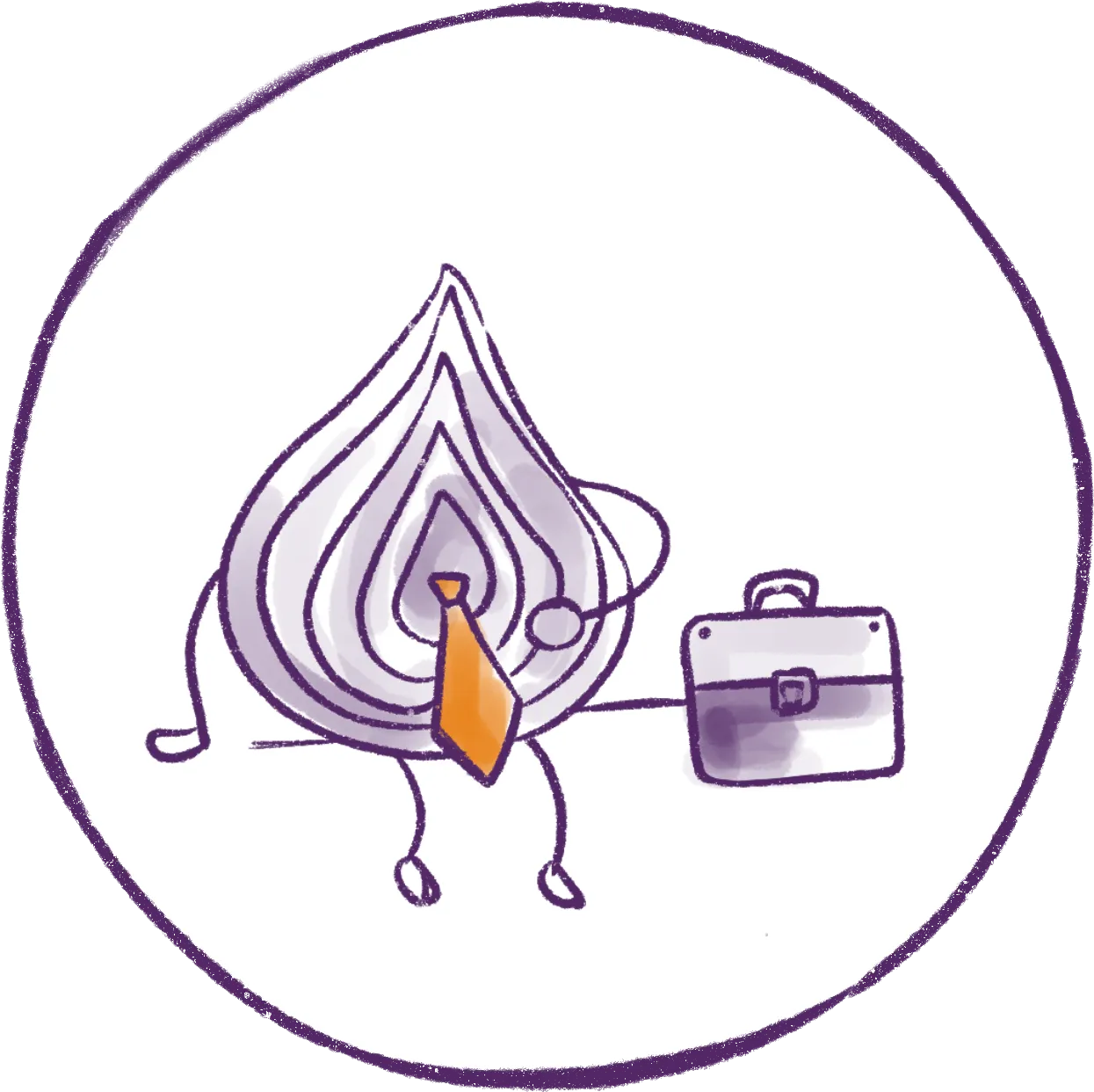 A cartoon illustration of a businessman with a tie and briefcase attending a Migrateful London Cookery Class.