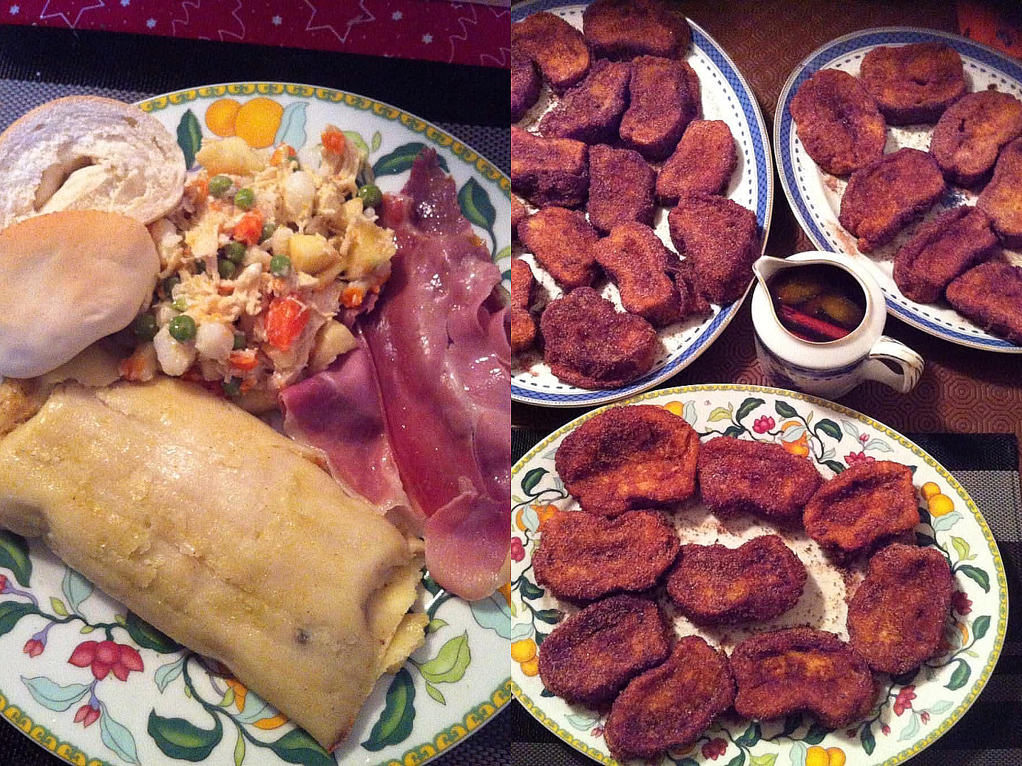 A close-up photo of a plate featuring a Venezuelan Hallaca, chicken salad, ham, and bread, next to other plates with  Portuguese rabanadas.